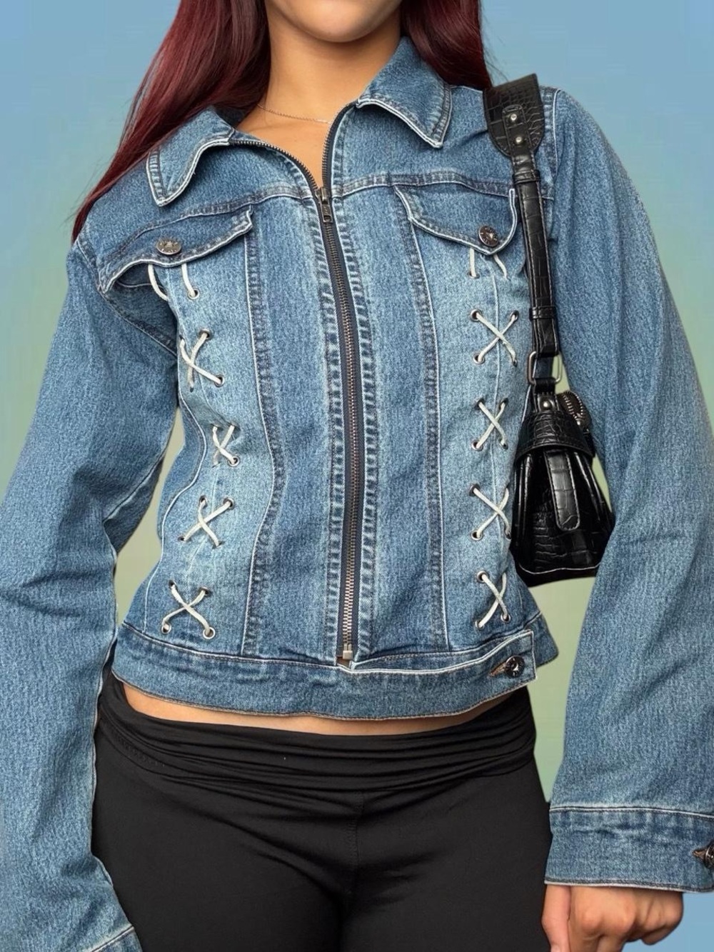 Lace-Up Light Y2K Blue Denim Zip Front Jacket